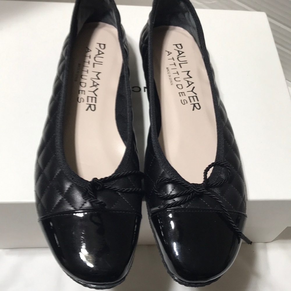 Paul Mayer Black Quilted Patent Cap-Toe Ballet Flats